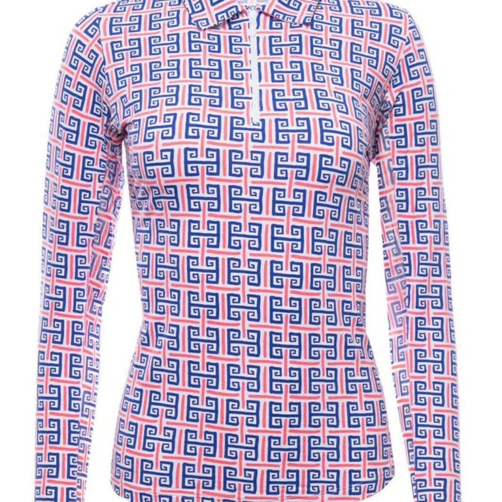 IBUKL Geo Key Long Sleeve Polo - Red/White/Blue Large VGUC